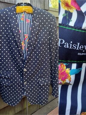 Paisley & Gray men’s blazer jacket 2 button blue white polka dots 42R.